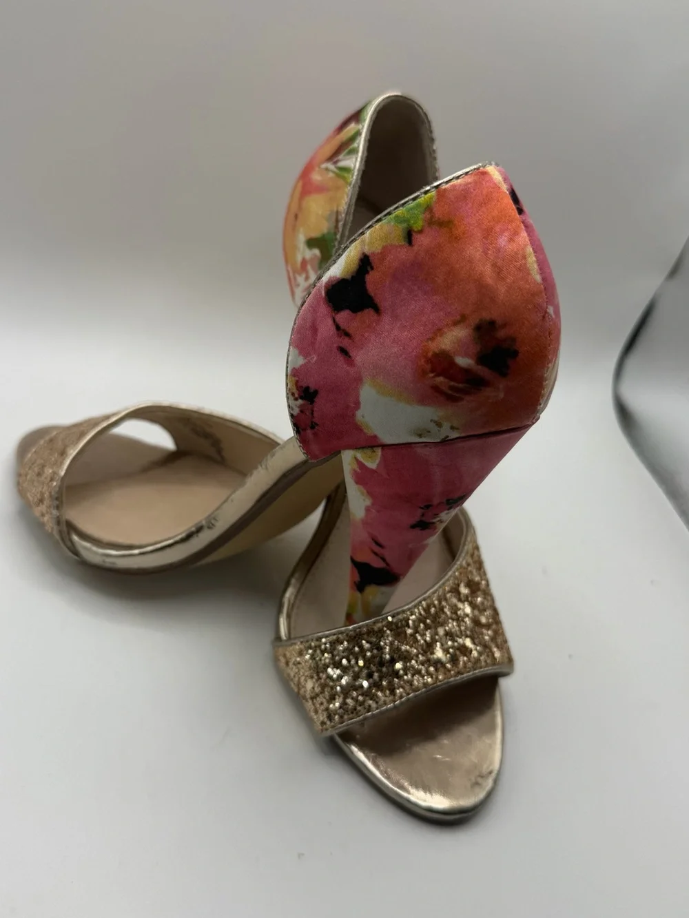 NWT Steve Madden Delacaci Floral & Gold Glitter D’Orsay Cone Heel Open Toe